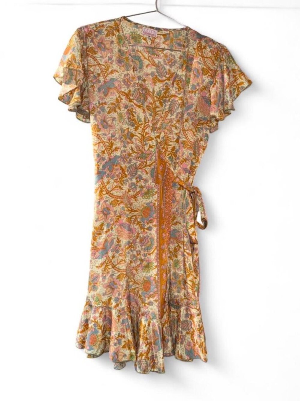 Cienna Designs Boho Wrap Dress Cream Floral Silk Blend Midi Sz M Festival EUC